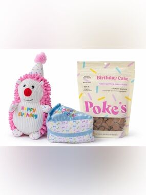 NWT - Happy Birthday Dog Set including plush squeak cake and hedgehog and treats